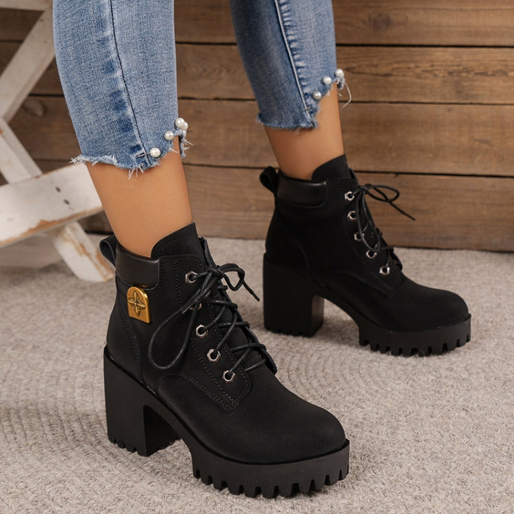 Spring Autumn Women Short Boots Chunky High Heel Leather Boots Lace-up Ladies Shoes, 35, 36, 37, 38, 39, 40, 41, 42