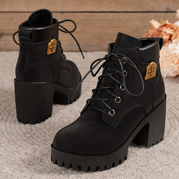 Spring Autumn Women Short Boots Chunky High Heel Leather Boots Lace-up Ladies Shoes, 35, 36, 37, 38, 39, 40, 41, 42