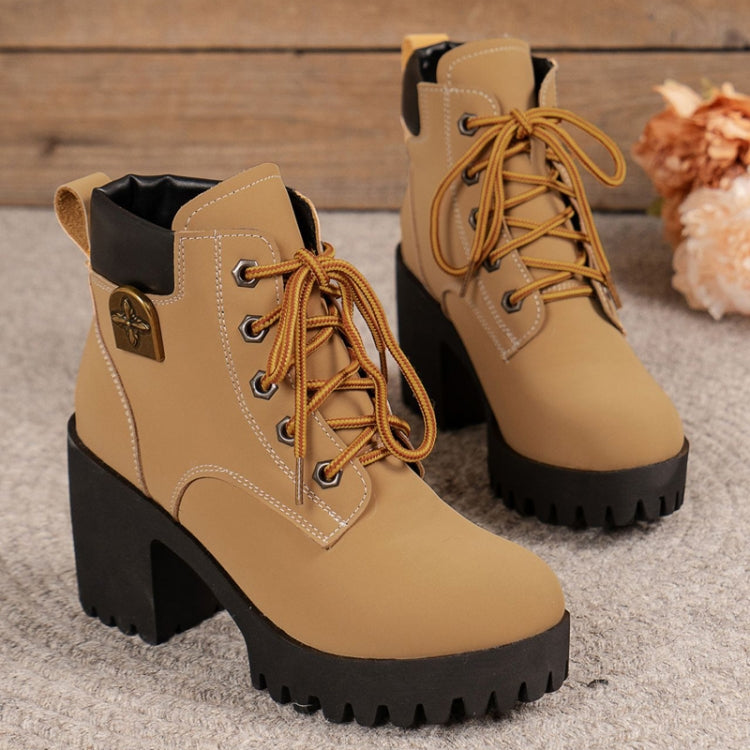 Spring Autumn Women Short Boots Chunky High Heel Leather Boots Lace-up Ladies Shoes, 35, 36, 37, 38, 39, 40, 41, 42