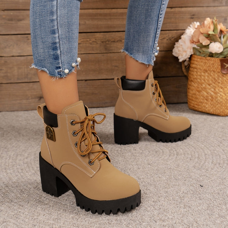 Spring Autumn Women Short Boots Chunky High Heel Leather Boots Lace-up Ladies Shoes, 35, 36, 37, 38, 39, 40, 41, 42