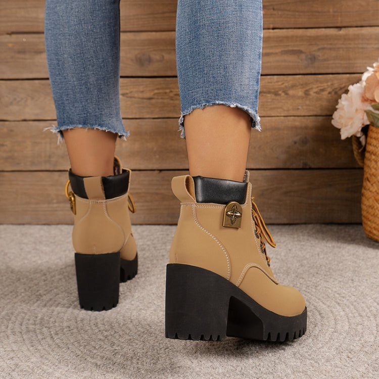 Spring Autumn Women Short Boots Chunky High Heel Leather Boots Lace-up Ladies Shoes, 35, 36, 37, 38, 39, 40, 41, 42