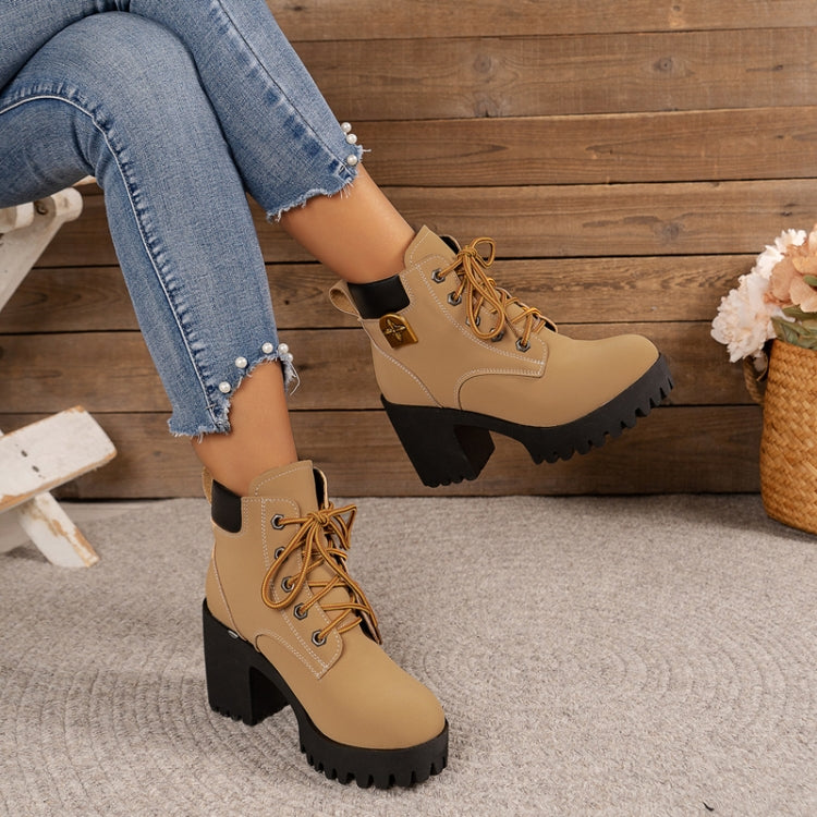 Spring Autumn Women Short Boots Chunky High Heel Leather Boots Lace-up Ladies Shoes, 35, 36, 37, 38, 39, 40, 41, 42