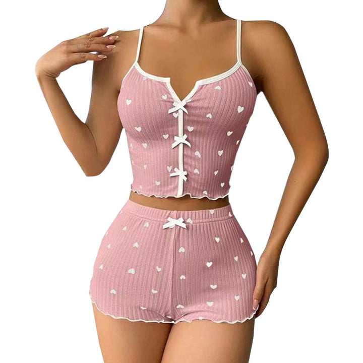 Suspender Shorts Sexy Bow Print Milk Silk Pajamas Set, S, M, L, XL, XXL