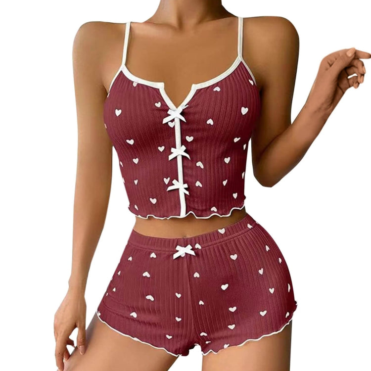 Suspender Shorts Sexy Bow Print Milk Silk Pajamas Set, S, M, L, XL, XXL