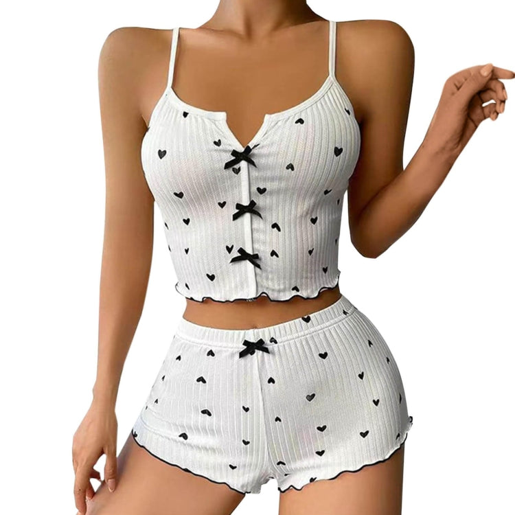 Suspender Shorts Sexy Bow Print Milk Silk Pajamas Set, S, M, L, XL, XXL