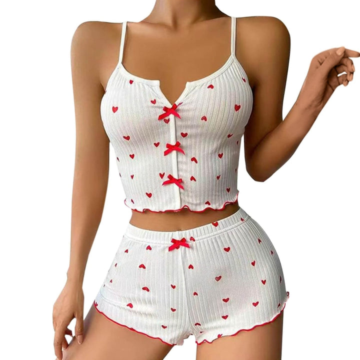 Suspender Shorts Sexy Bow Print Milk Silk Pajamas Set, S, M, L, XL, XXL