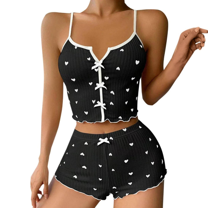 Suspender Shorts Sexy Bow Print Milk Silk Pajamas Set, S, M, L, XL, XXL