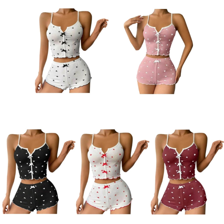 Suspender Shorts Sexy Bow Print Milk Silk Pajamas Set, S, M, L, XL, XXL