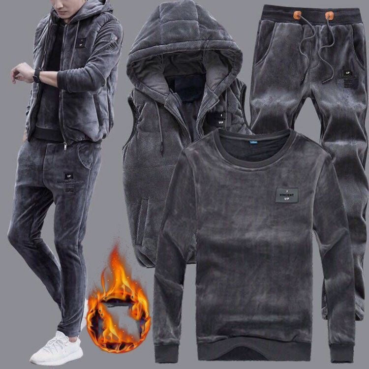 3 In 1 Autumn Men Plus Velvet Sweatshirt Pants Sportswear Suit Teenagers Loose Casual Warm Sports Suit, M, L, XL, XXL, XXXL