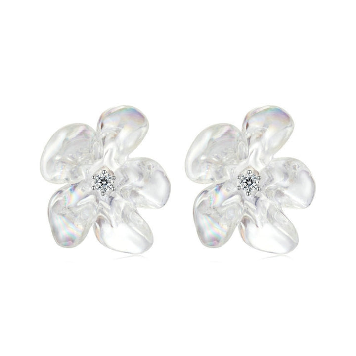 S925 Ssterling Silver Platinum-Plated Transparent Flower Earrings