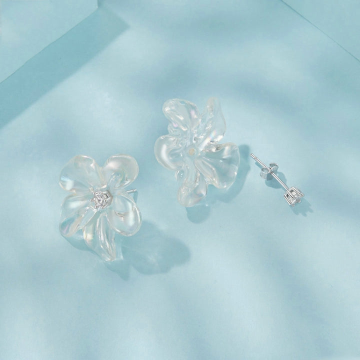 S925 Ssterling Silver Platinum-Plated Transparent Flower Earrings