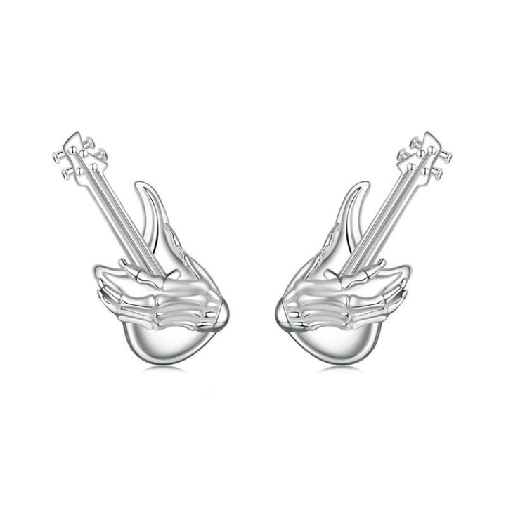 S925 Sterling Silver Platinum-plated Skeleton Hand Bass Earrings