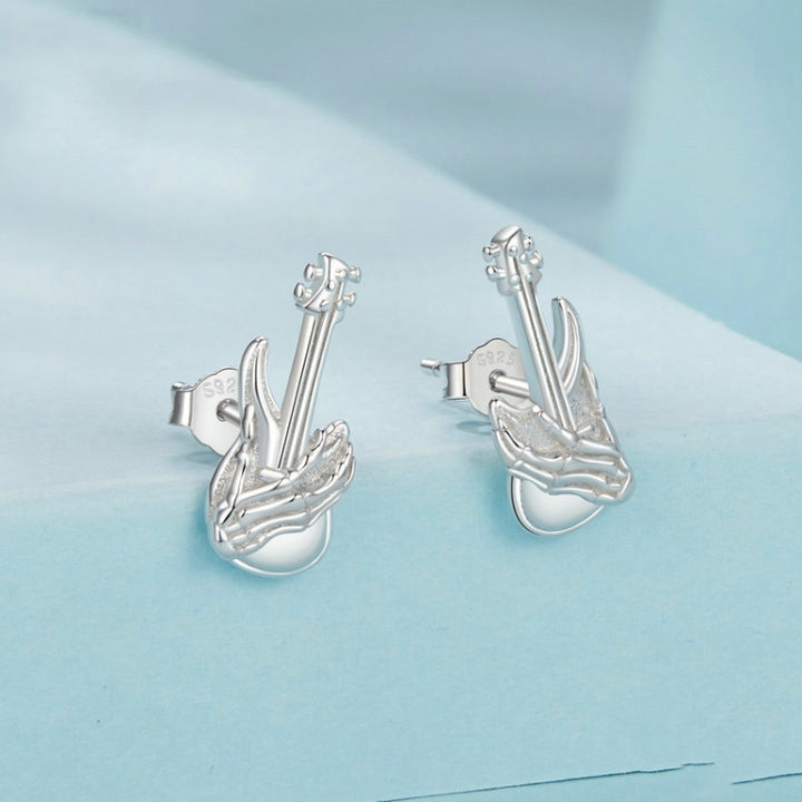 S925 Sterling Silver Platinum-plated Skeleton Hand Bass Earrings