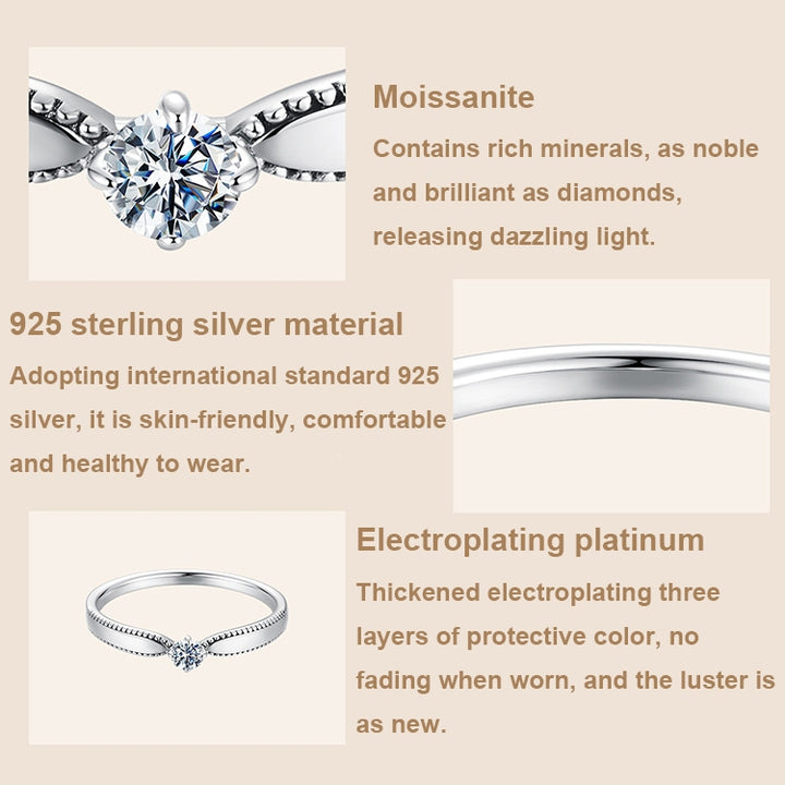 MSR062 S925 Sterling Silver Platinum-plated Shining Moissanite Ring, 6, 7, 8