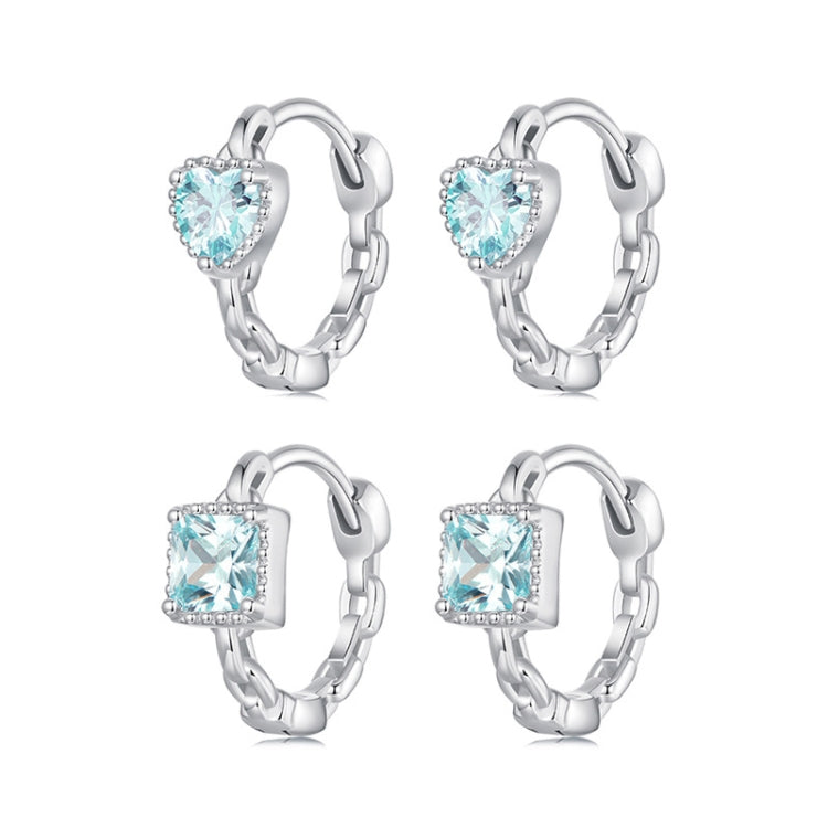 S925 Sterling Silver Heart Square Earrings Aquamarine Zircon Earrings, BSE1099, BSE1100