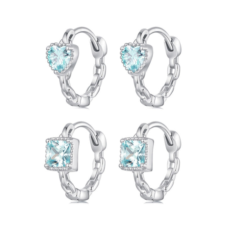 S925 Sterling Silver Heart Square Earrings Aquamarine Zircon Earrings, BSE1099, BSE1100