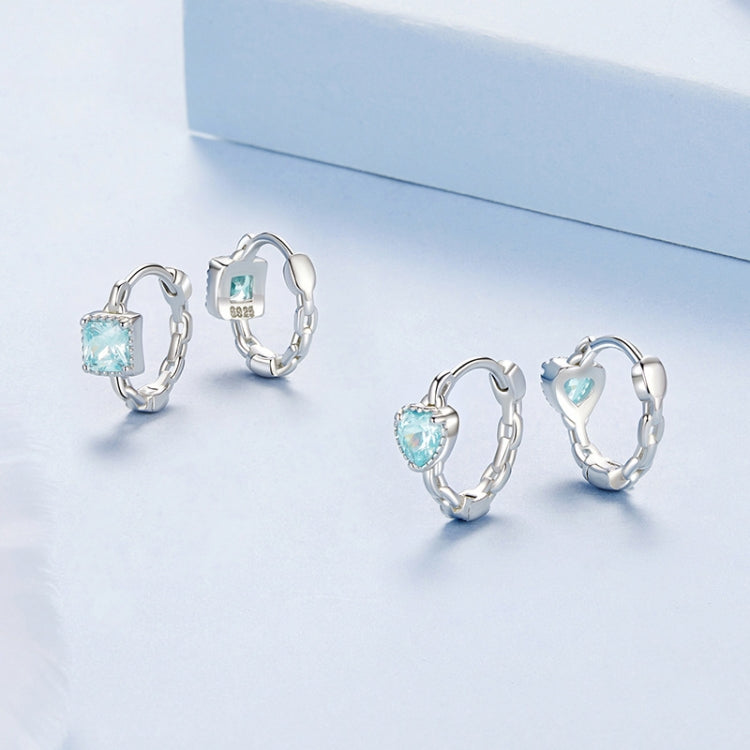 S925 Sterling Silver Heart Square Earrings Aquamarine Zircon Earrings, BSE1099, BSE1100