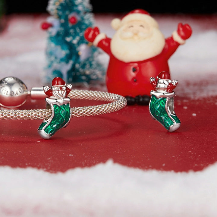 S925 Sterling Silver Santa Claus Bracelet Beads Christmas Socks Jewelry Accessories