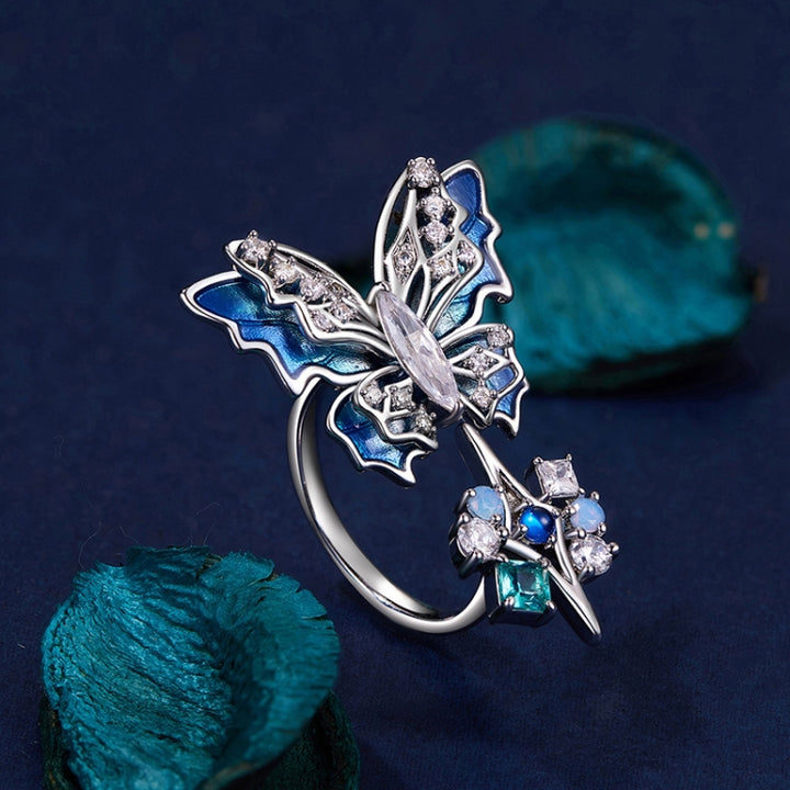 Three-Dimensional Gradient Ice And Snow Butterfly Open Ring Copper Adjustable Retro Ring