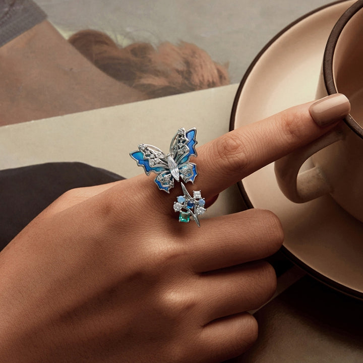 Three-Dimensional Gradient Ice And Snow Butterfly Open Ring Copper Adjustable Retro Ring