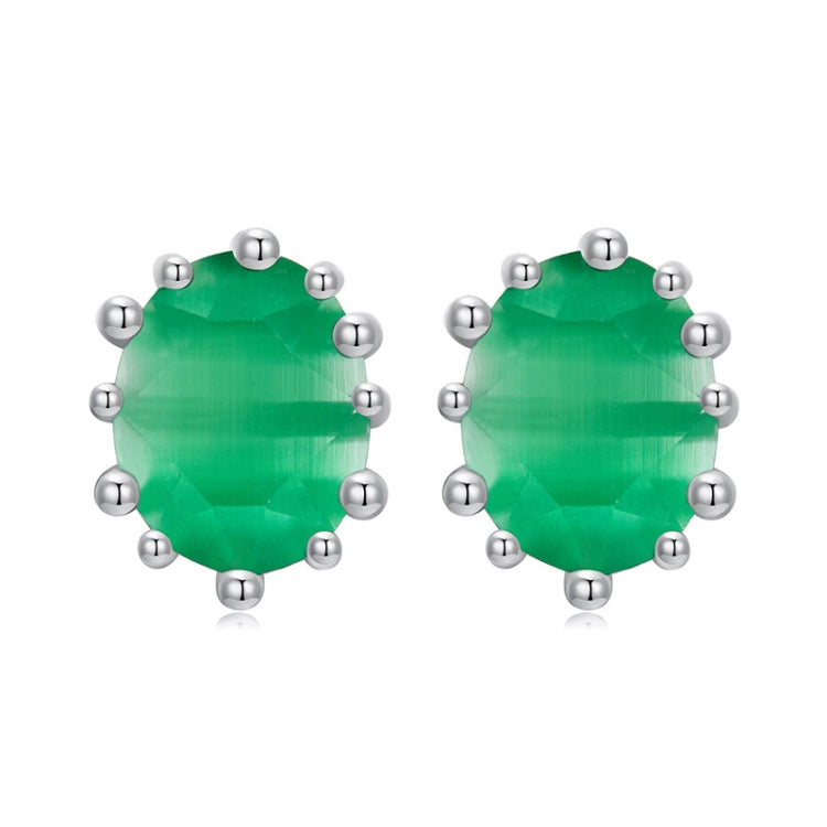 S925 Sterling Silver Emerald Cat Eye Glass Earrings