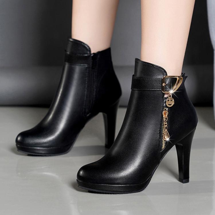 Winter Women Ankle Boots Plush Fine High Heels Sexy Round Toe Boots Simple Zipper Women Shoes, 35, 36, 37, 38, 39, 40