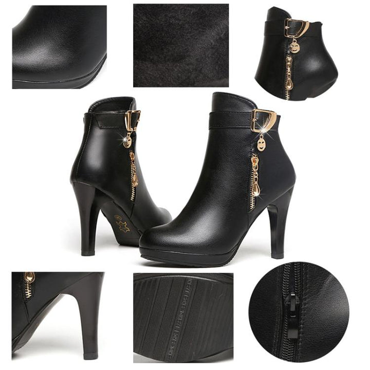 Winter Women Ankle Boots Plush Fine High Heels Sexy Round Toe Boots Simple Zipper Women Shoes, 35, 36, 37, 38, 39, 40