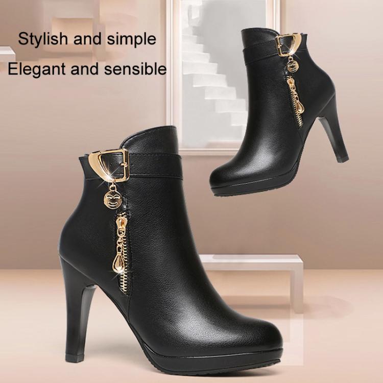 Winter Women Ankle Boots Plush Fine High Heels Sexy Round Toe Boots Simple Zipper Women Shoes, 35, 36, 37, 38, 39, 40