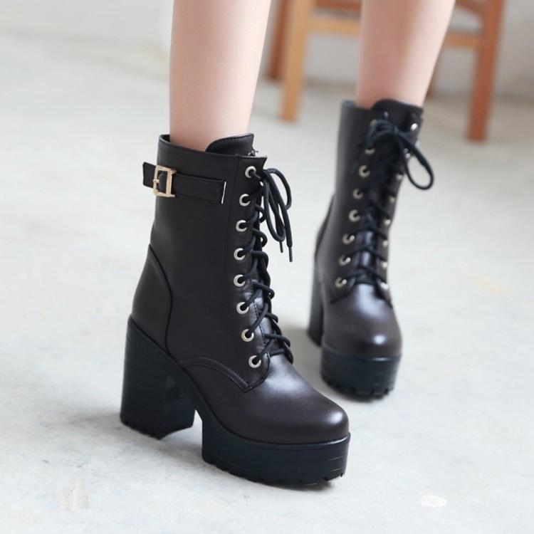 Women Lace-up Short Boots High Heels Platform Buckle Ladies Leather Boots, 34, 35, 36, 37, 38, 39