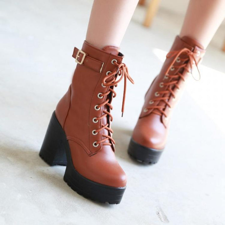 Women Lace-up Short Boots High Heels Platform Buckle Ladies Leather Boots, 34, 35, 36, 37, 38, 39