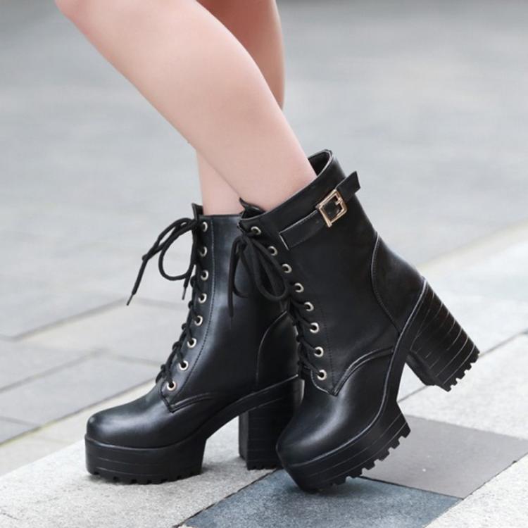 Women Lace-up Short Boots High Heels Platform Buckle Ladies Leather Boots, 34, 35, 36, 37, 38, 39