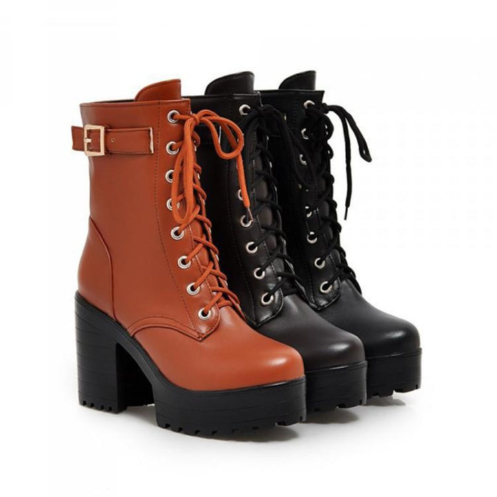 Women Lace-up Short Boots High Heels Platform Buckle Ladies Leather Boots, 34, 35, 36, 37, 38, 39