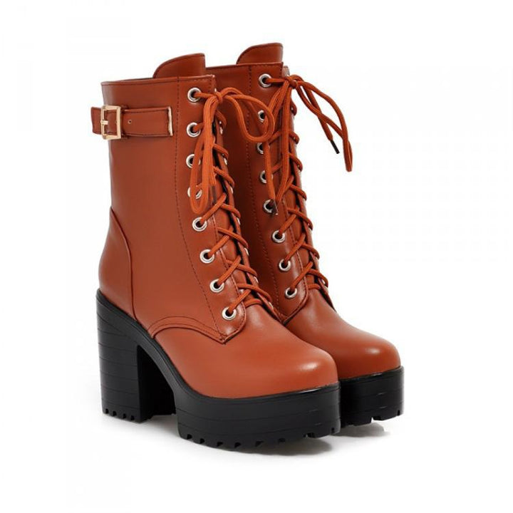 Women Lace-up Short Boots High Heels Platform Buckle Ladies Leather Boots, 34, 35, 36, 37, 38, 39