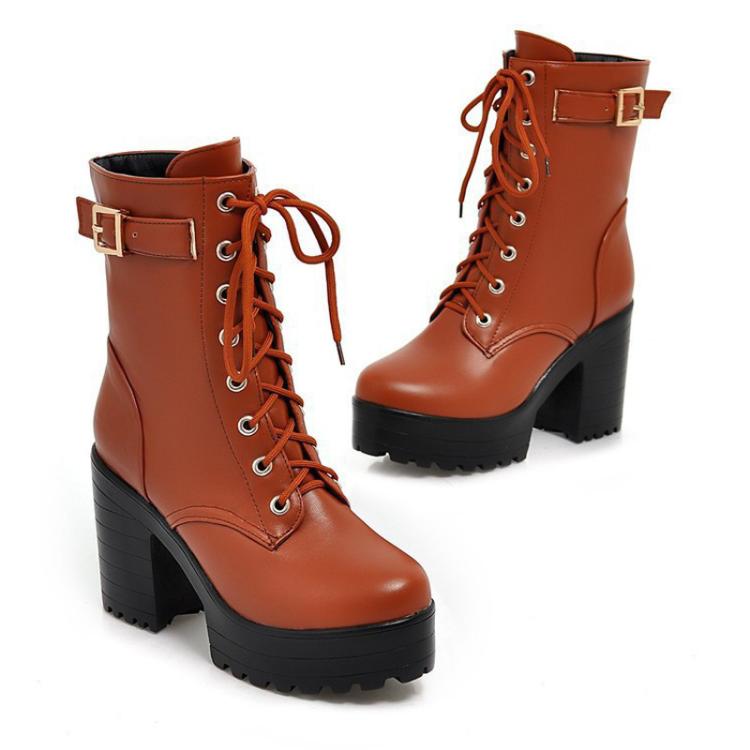 Women Lace-up Short Boots High Heels Platform Buckle Ladies Leather Boots, 34, 35, 36, 37, 38, 39