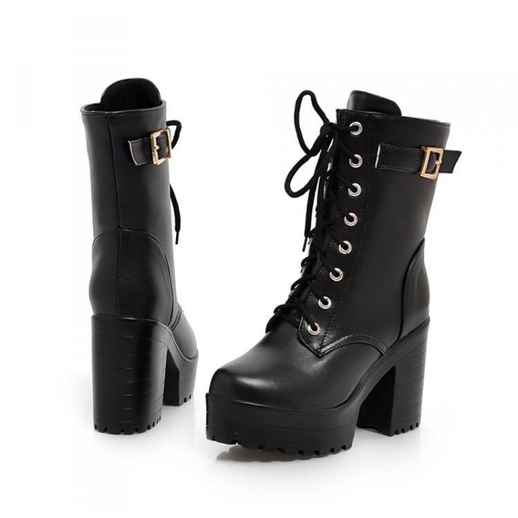 Women Lace-up Short Boots High Heels Platform Buckle Ladies Leather Boots, 34, 35, 36, 37, 38, 39