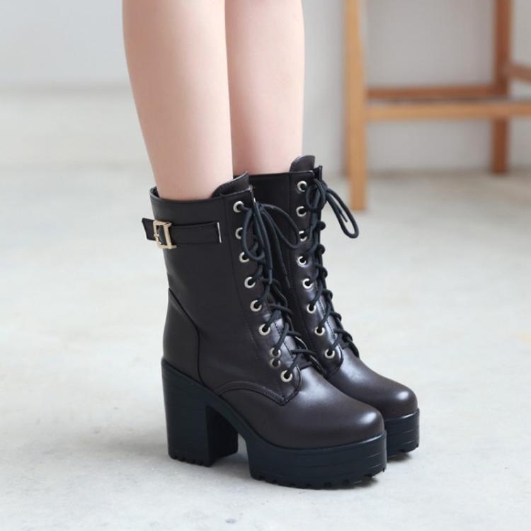 Women Lace-up Short Boots High Heels Platform Buckle Ladies Leather Boots, 34, 35, 36, 37, 38, 39