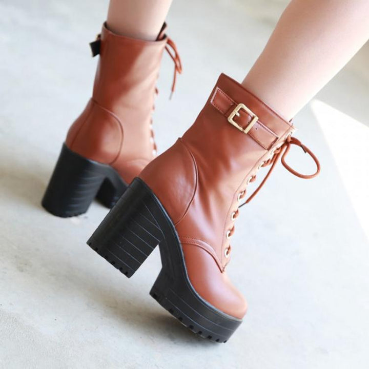 Women Lace-up Short Boots High Heels Platform Buckle Ladies Leather Boots, 34, 35, 36, 37, 38, 39