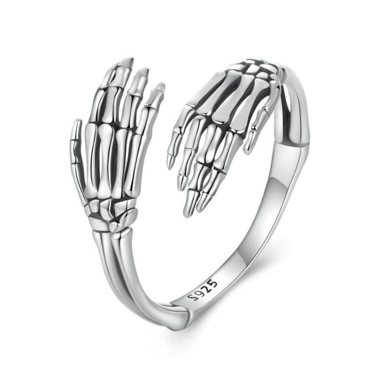 S925 Sterling Silver Oxidized Skeleton Hand Adjustable Open Ring