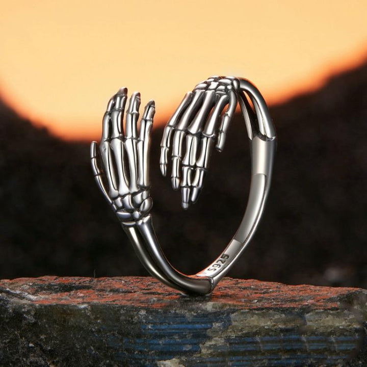 S925 Sterling Silver Oxidized Skeleton Hand Adjustable Open Ring