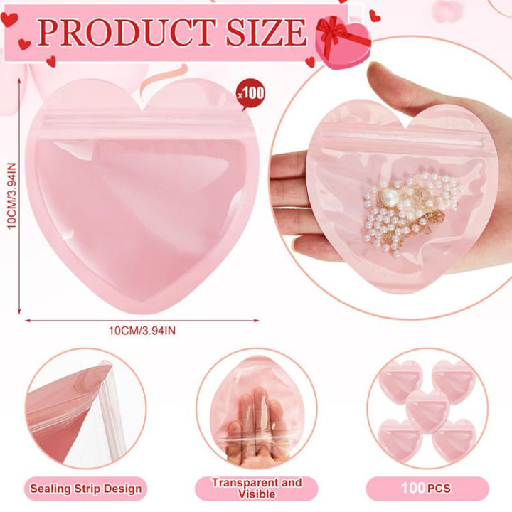 100pcs PVC Heart-Shaped Jewelry Storage Pouches Cute Love Sealing Bag Gift Packaging Bags, 10x10cm