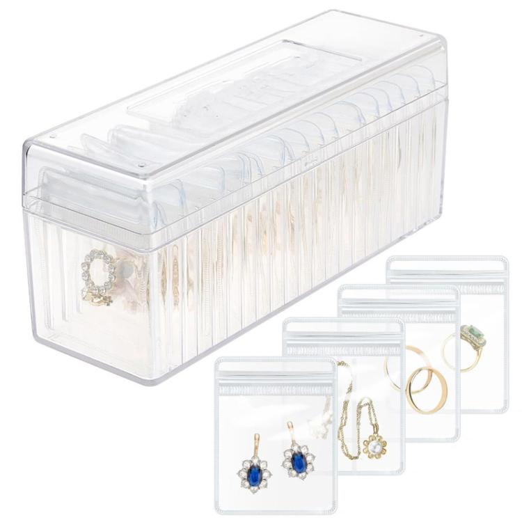 Acrylic Jewelry Storage Box + 20pcs Antioxidant PVC Jewelry Sealing Bags Necklace Earring Dustproof Organizer