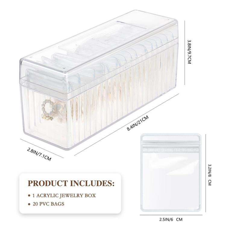 Acrylic Jewelry Storage Box + 20pcs Antioxidant PVC Jewelry Sealing Bags Necklace Earring Dustproof Organizer