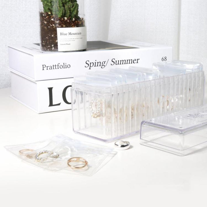 Acrylic Jewelry Storage Box + 20pcs Antioxidant PVC Jewelry Sealing Bags Necklace Earring Dustproof Organizer