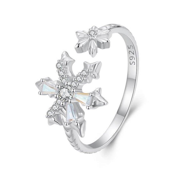 S925 Sterling Silver Platinum Zircon Winter Snowflake Open Adjustable Ring