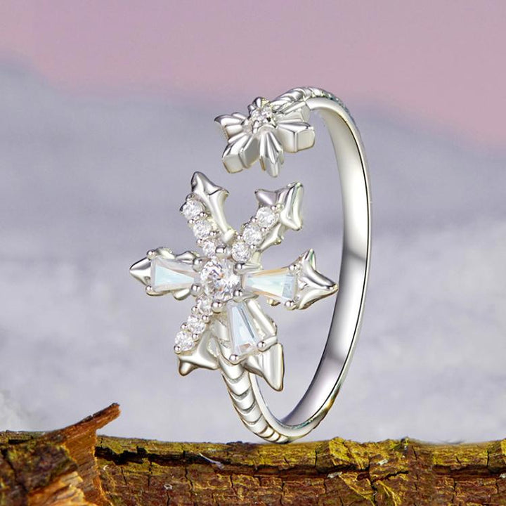 S925 Sterling Silver Platinum Zircon Winter Snowflake Open Adjustable Ring