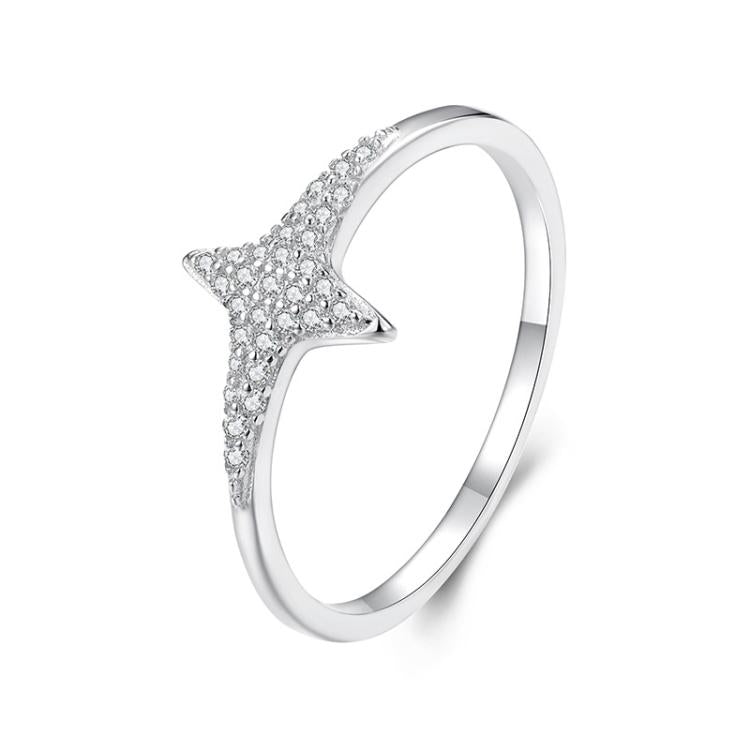 S925 Sterling Silver Plated White Gold Shining Four-pointed Star Zircon Ring, No.6, No.7, No.8