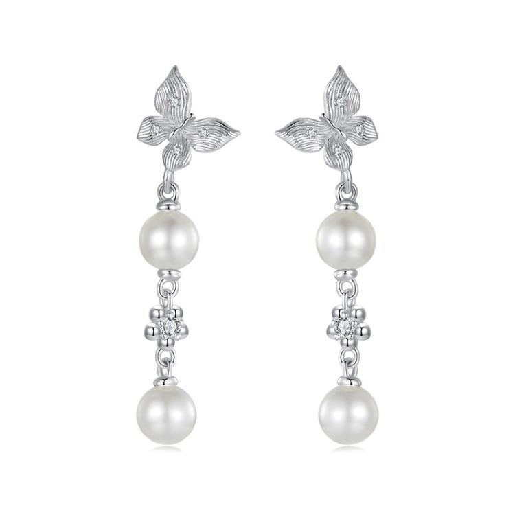 S925 Sterling Silver Elegant Butterfly Shell Bead Long Earrings