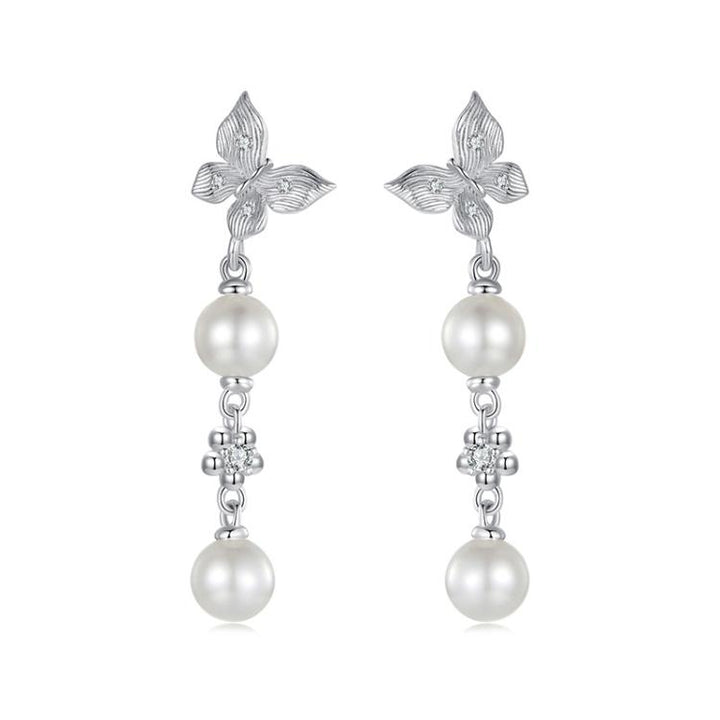 S925 Sterling Silver Elegant Butterfly Shell Bead Long Earrings