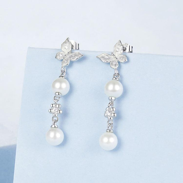 S925 Sterling Silver Elegant Butterfly Shell Bead Long Earrings