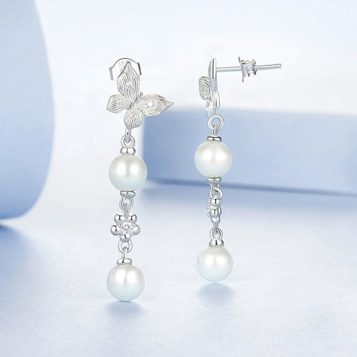 S925 Sterling Silver Elegant Butterfly Shell Bead Long Earrings